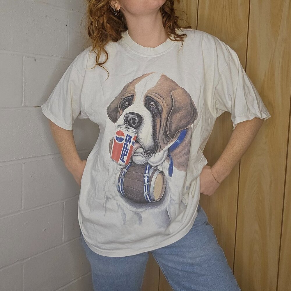 Americana Dadcore Alt 96 Pepsi Red Sun Collab St. Bernard with a Barrel Tshirt
